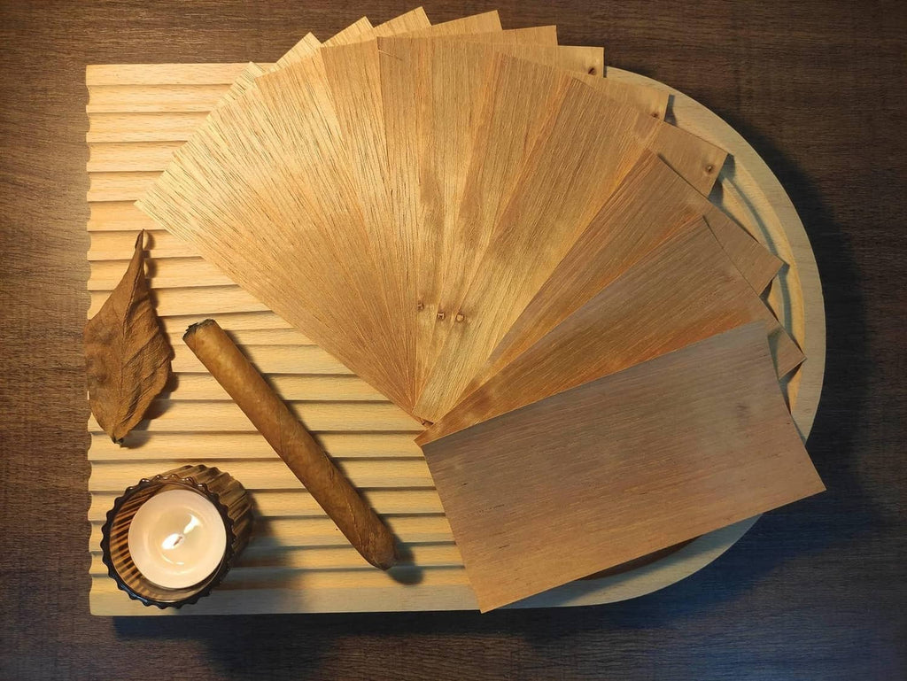 Spanish cedar humidor wood veneer sheets, stacked and fanned for tobacco storage