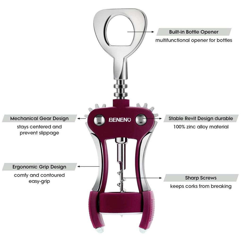 Purple wing corkscrew with chrome bottle opener top and ergonomic grip handles