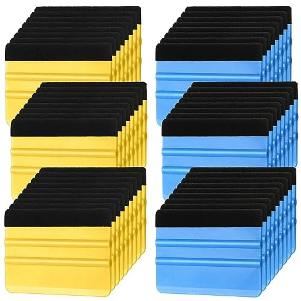 Plastic vinyl squeegee set with felt edges, alternating yellow and blue packs