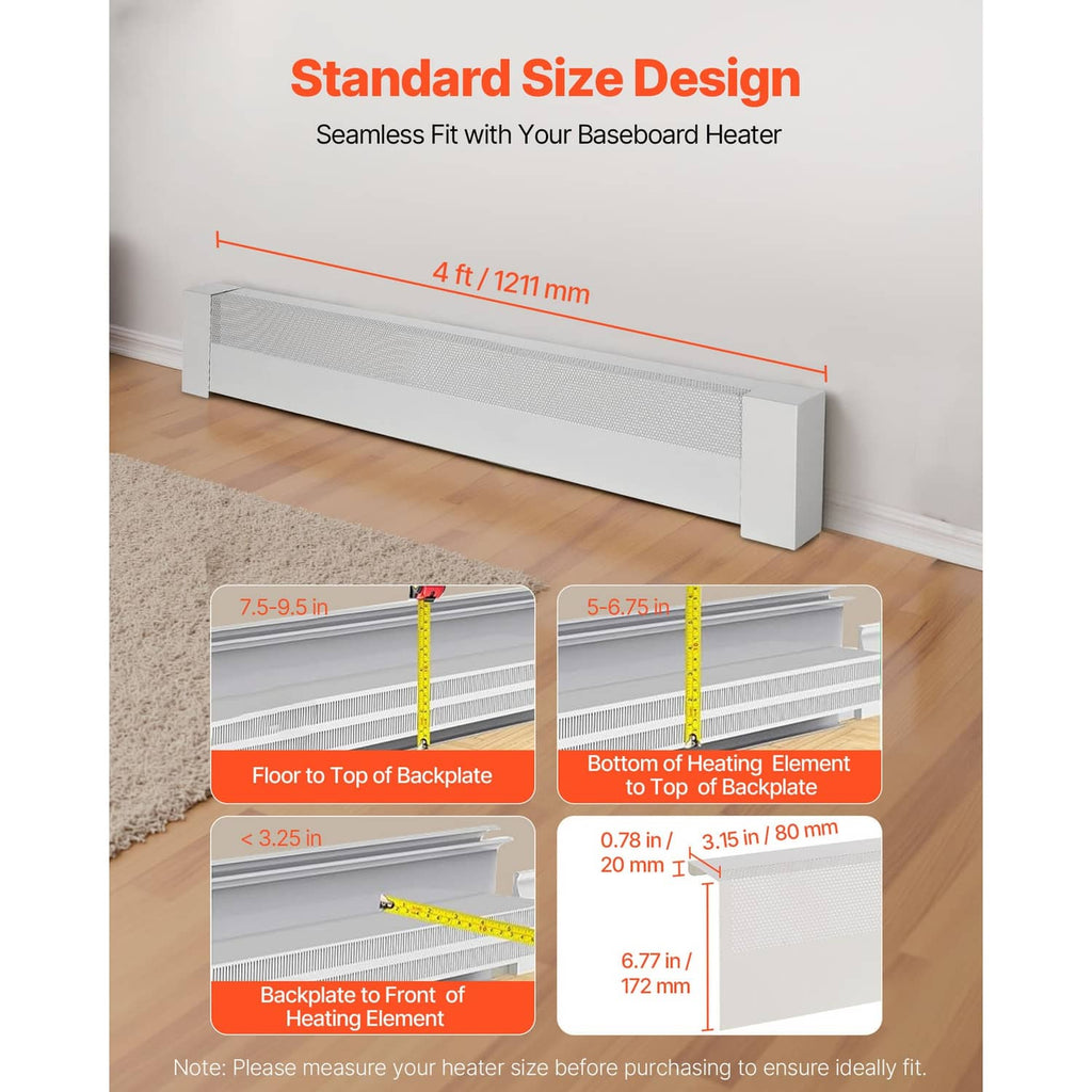 White baseboard heater cover with vented front grille mounted along the wall