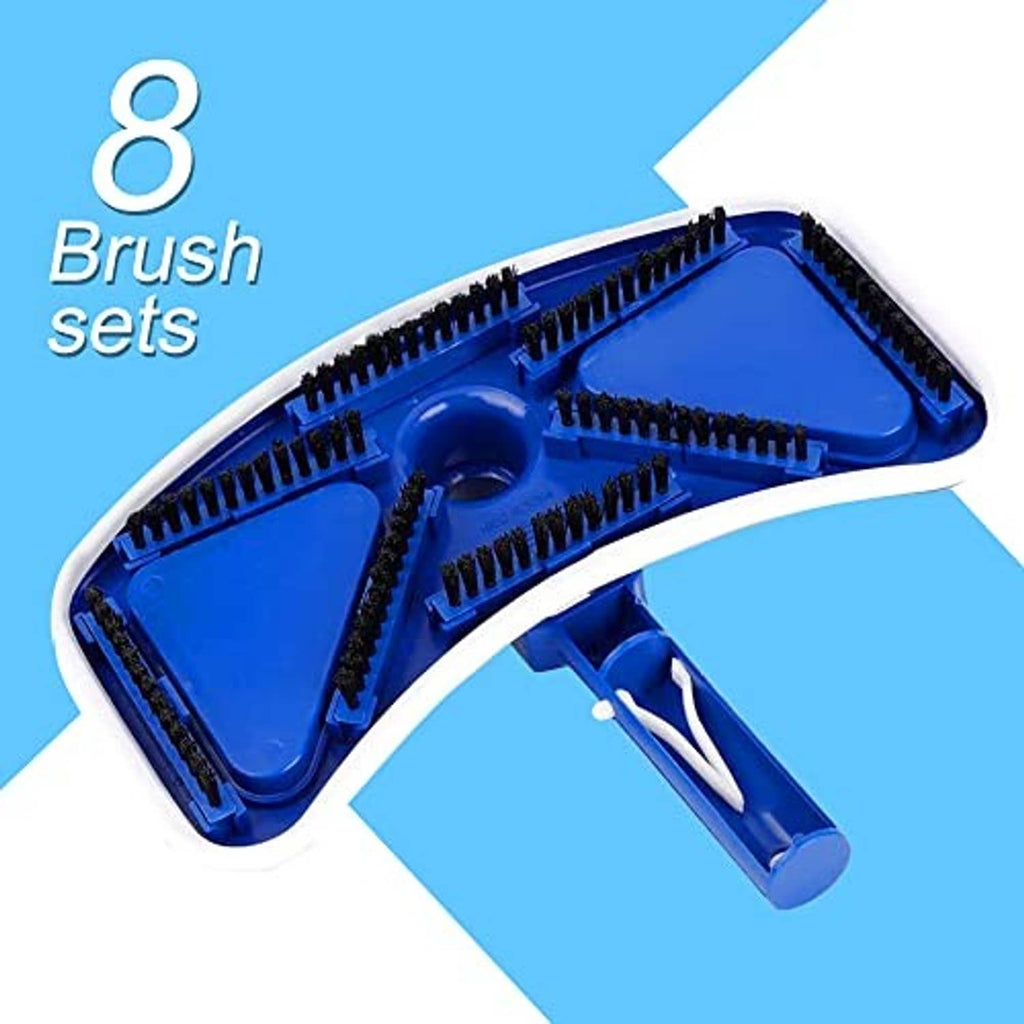 Blue pool vacuum head with multiple bristle brush sections for pool floor cleaning