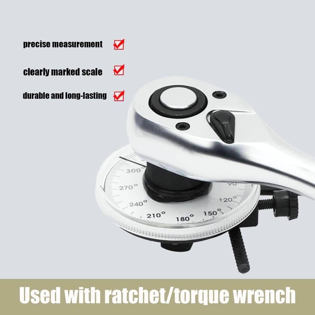 Torque angle gauge with white housing, black dial, and side mounting bracket