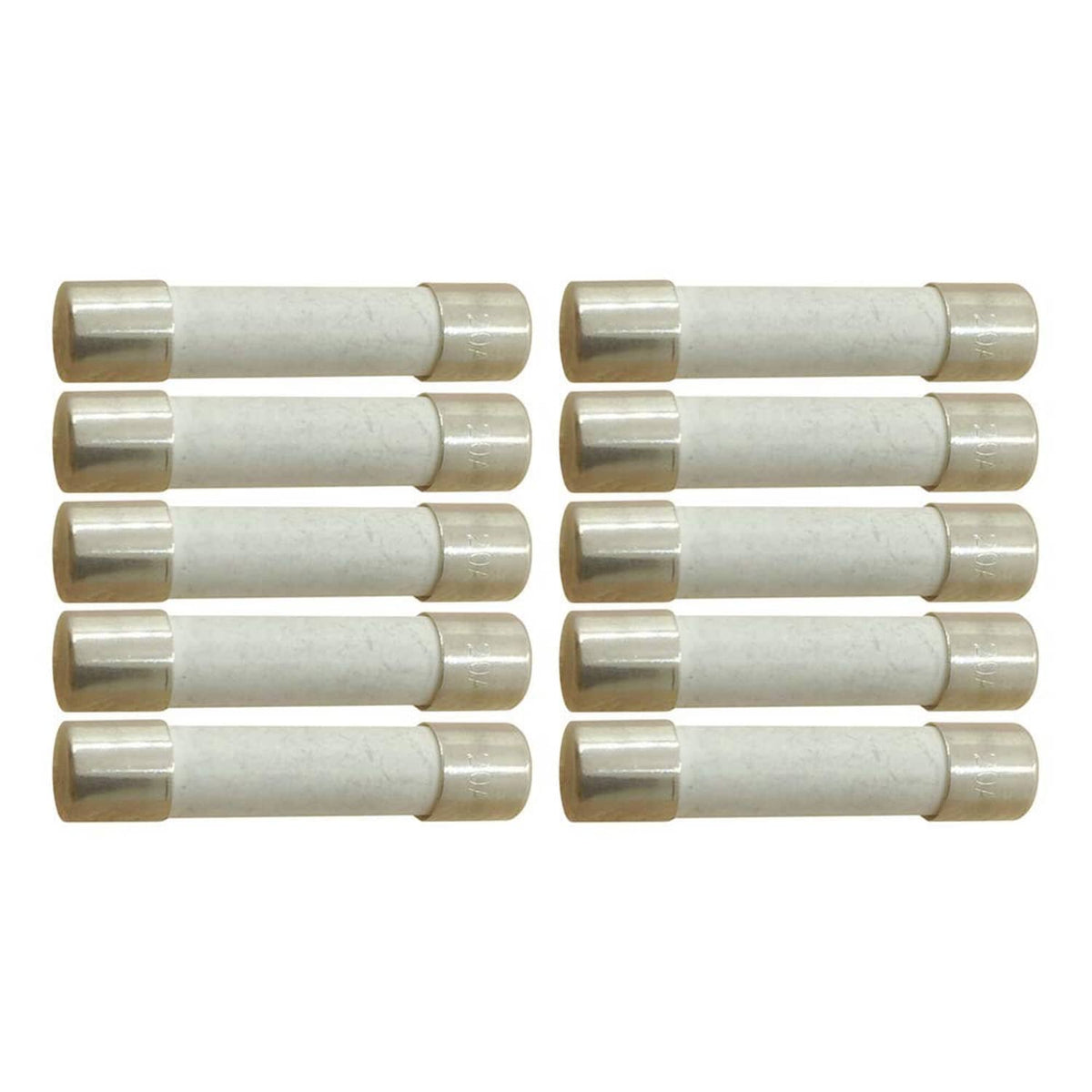 Ceramic time-delay fuses with silver end caps and off-white ceramic tubes, 8-pack