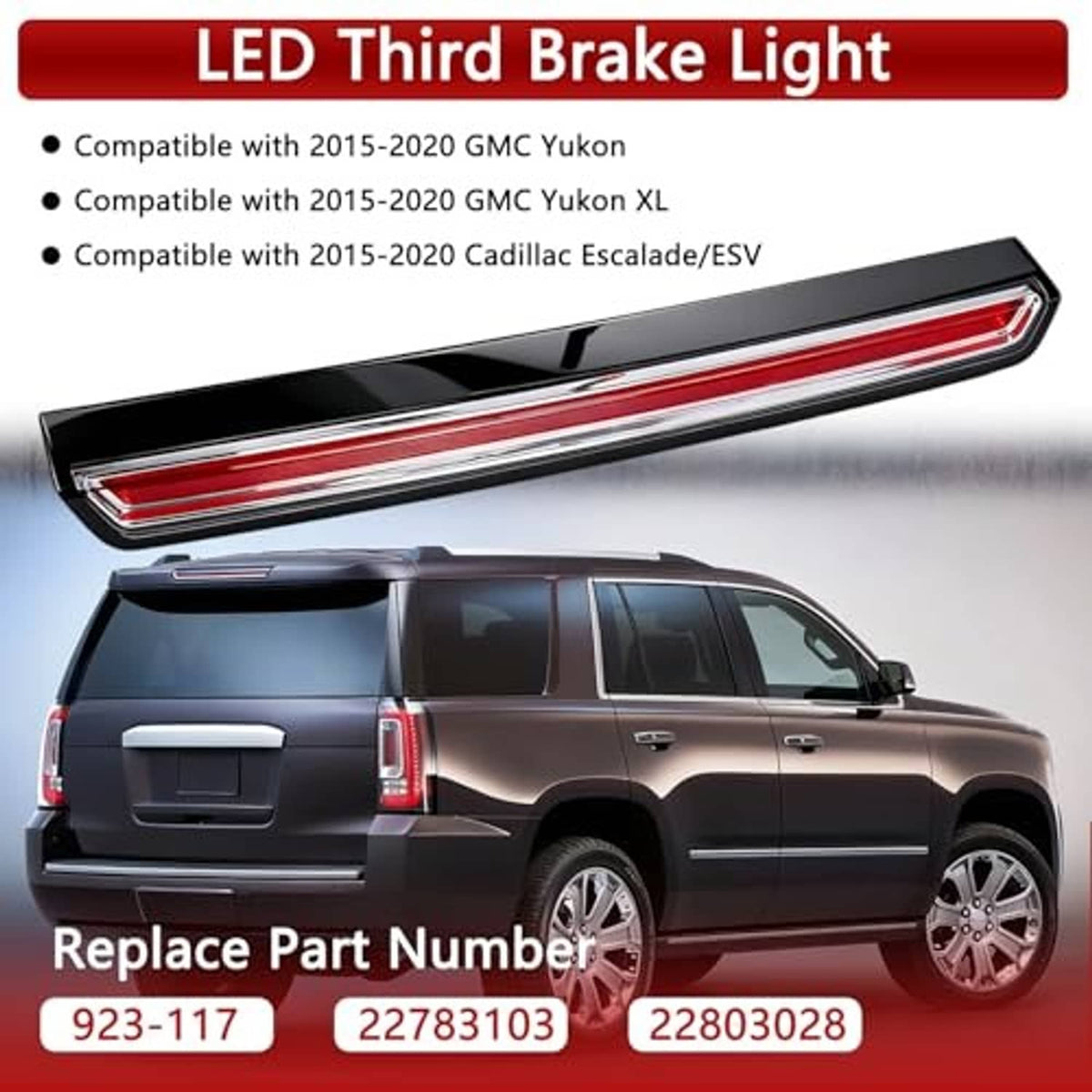 LED third brake light bar with chrome trim and red lens strip