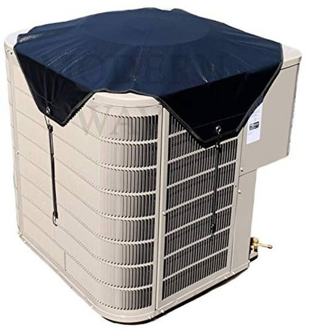 Outdoor AC condenser unit cover with blue waterproof top and black secure straps