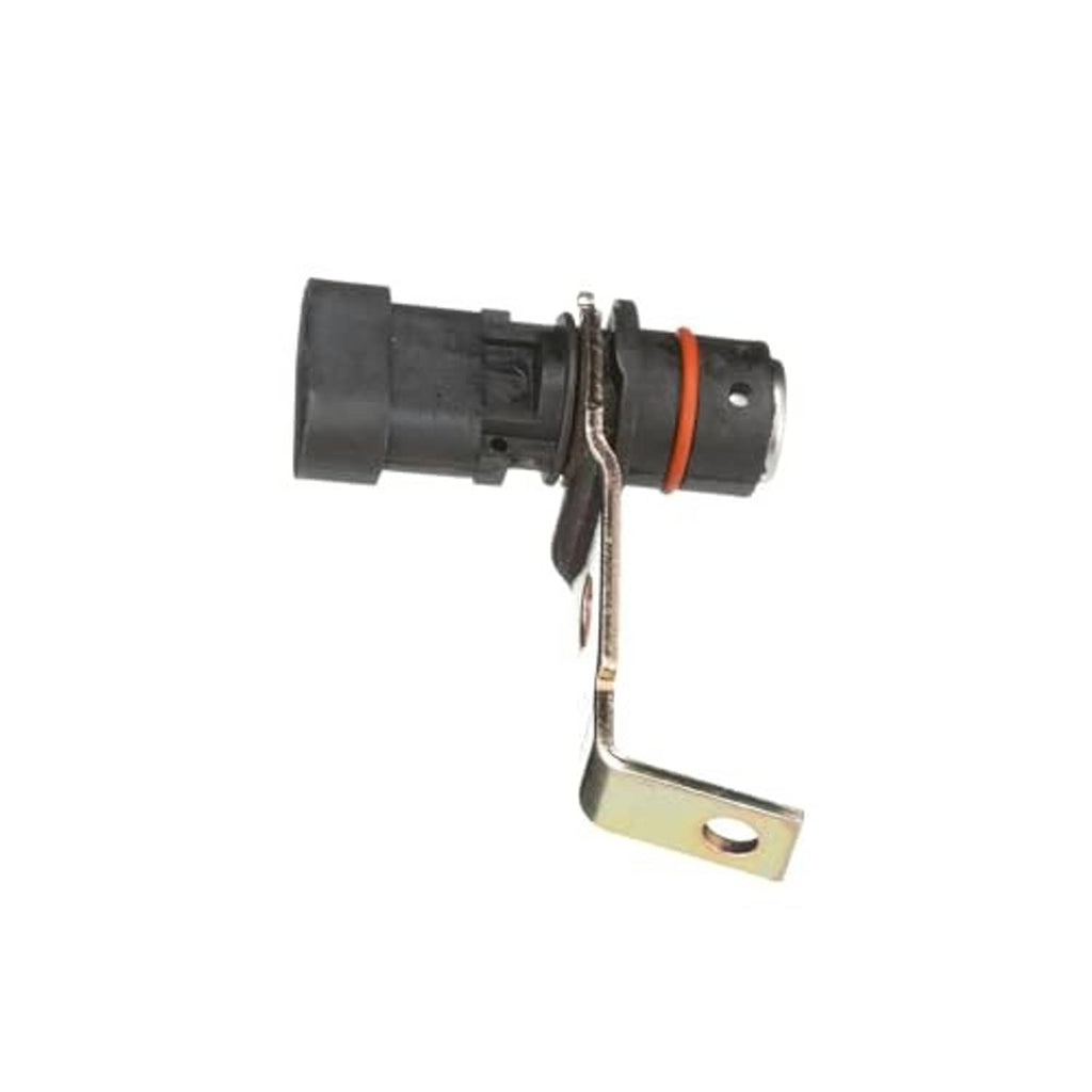 Crankshaft position sensor angled with black connector, orange ring, and metal mounting tab