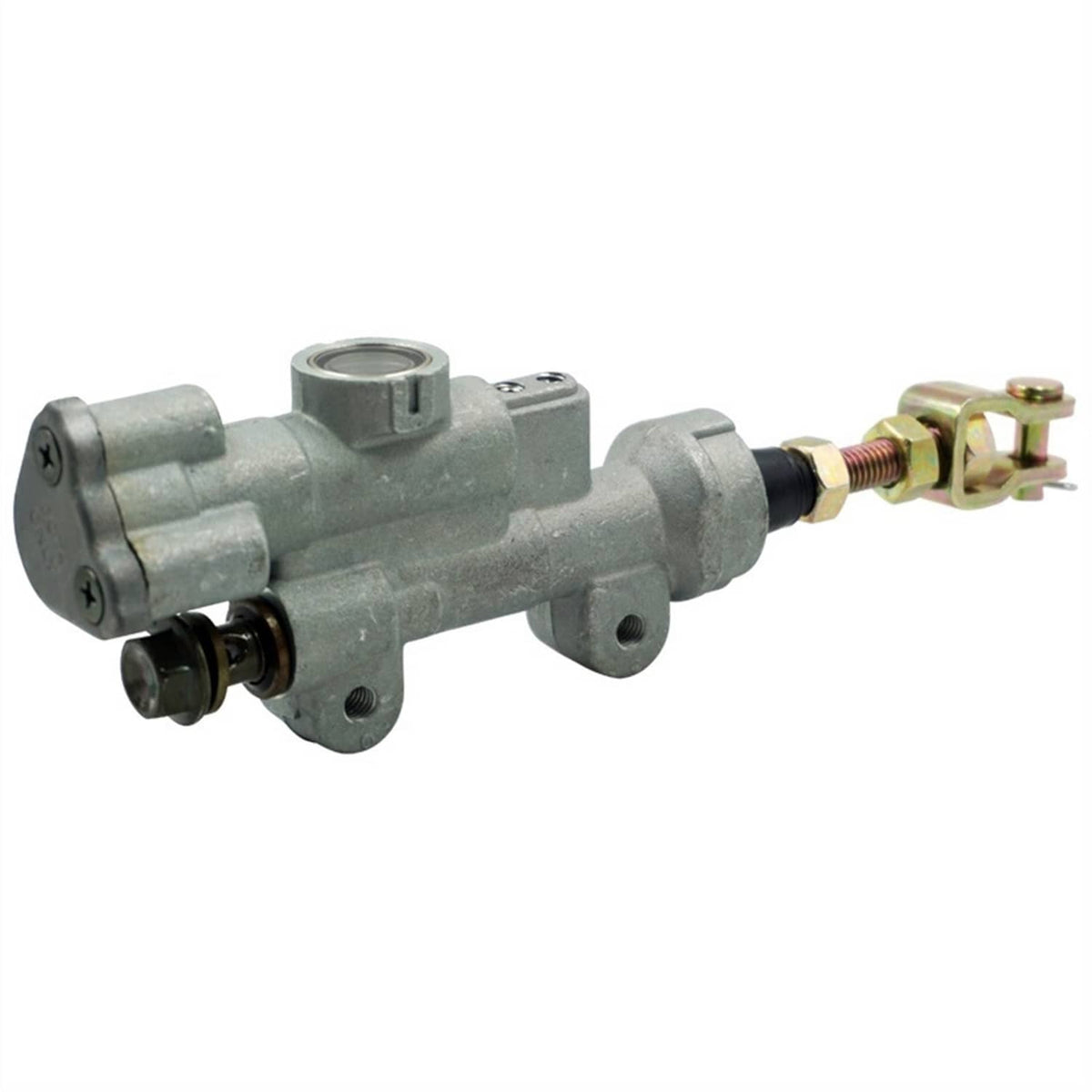 Rear brake master cylinder with gray housing, black hose boot, and gold tone connector