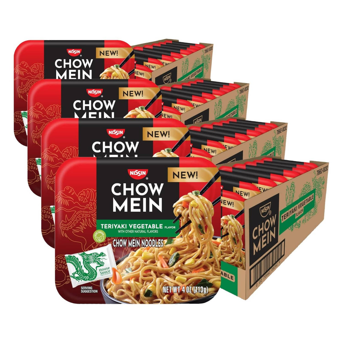 Nissin Chow Mein teriyaki vegetable noodle cups, pack of 4
