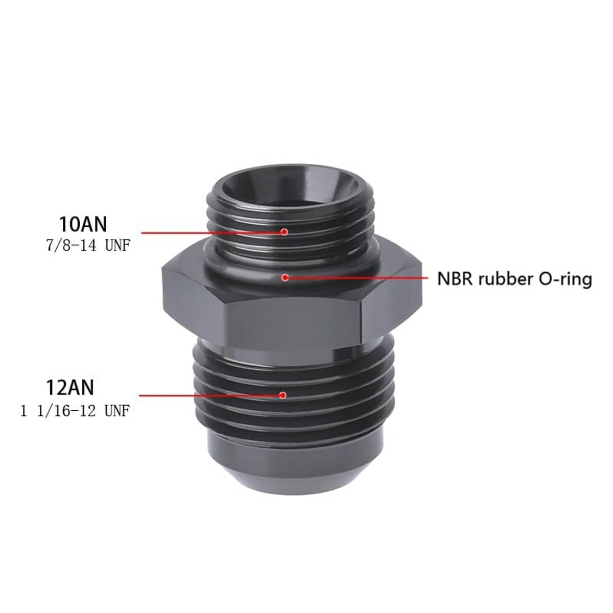 Black ORB adapter fitting with O-ring seat and layered male threads