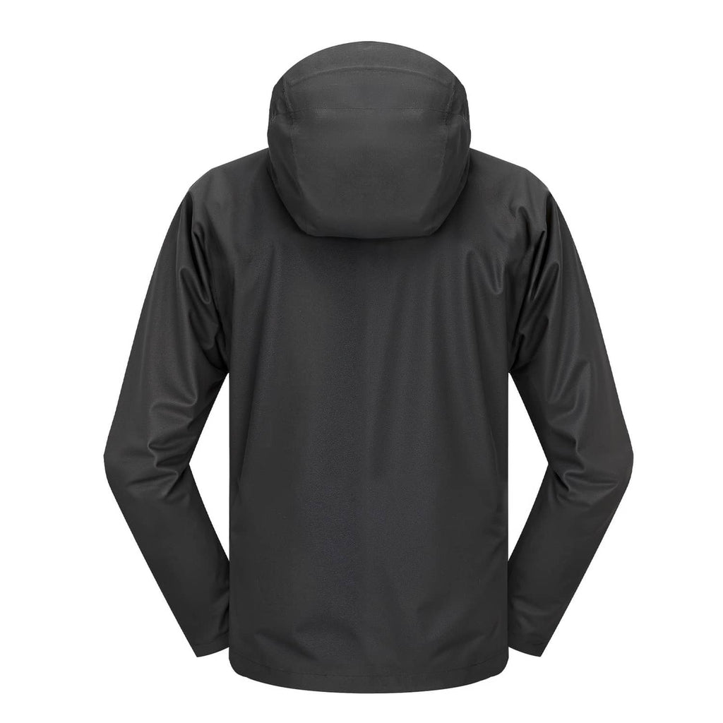 Black hooded heated women's jacket, back view with full-length zipper and long sleeves.