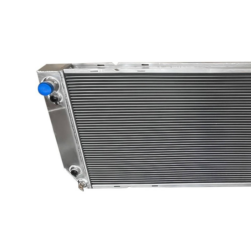 4-row aluminum radiator angled view with blue cap on side and end tank brackets