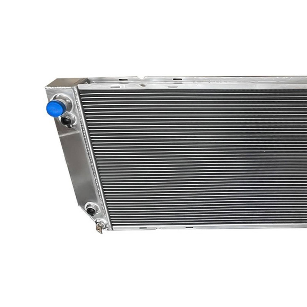 4-row aluminum radiator angled view with blue cap on side and end tank brackets