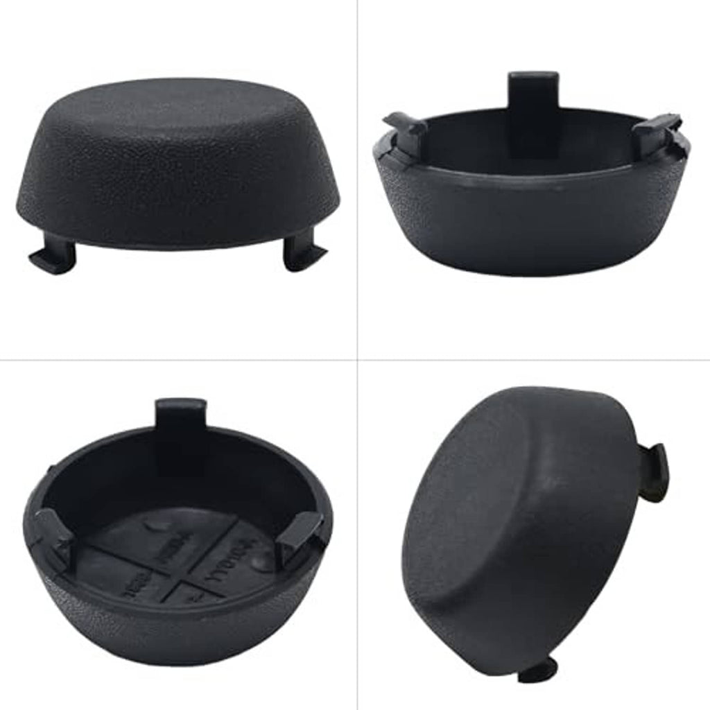 Two black rear bumper dome caps, side and open inner views