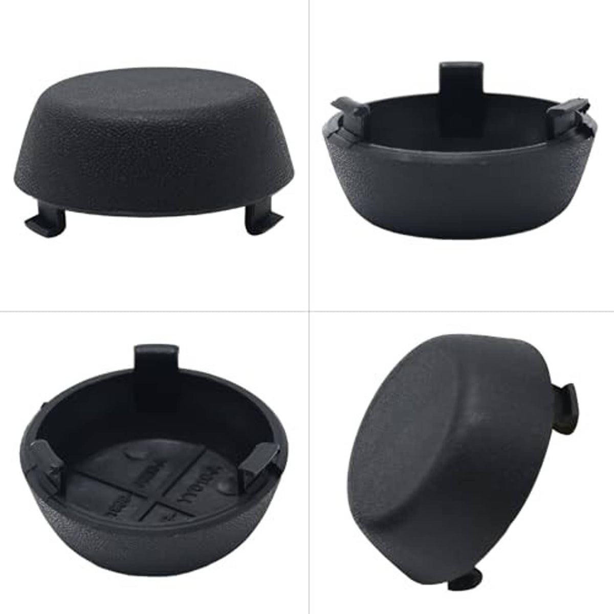 Two black rear bumper dome caps, side and open inner views