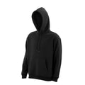 Men's black fleece pullover hoodie with hood, drawstrings, and kangaroo pocket.