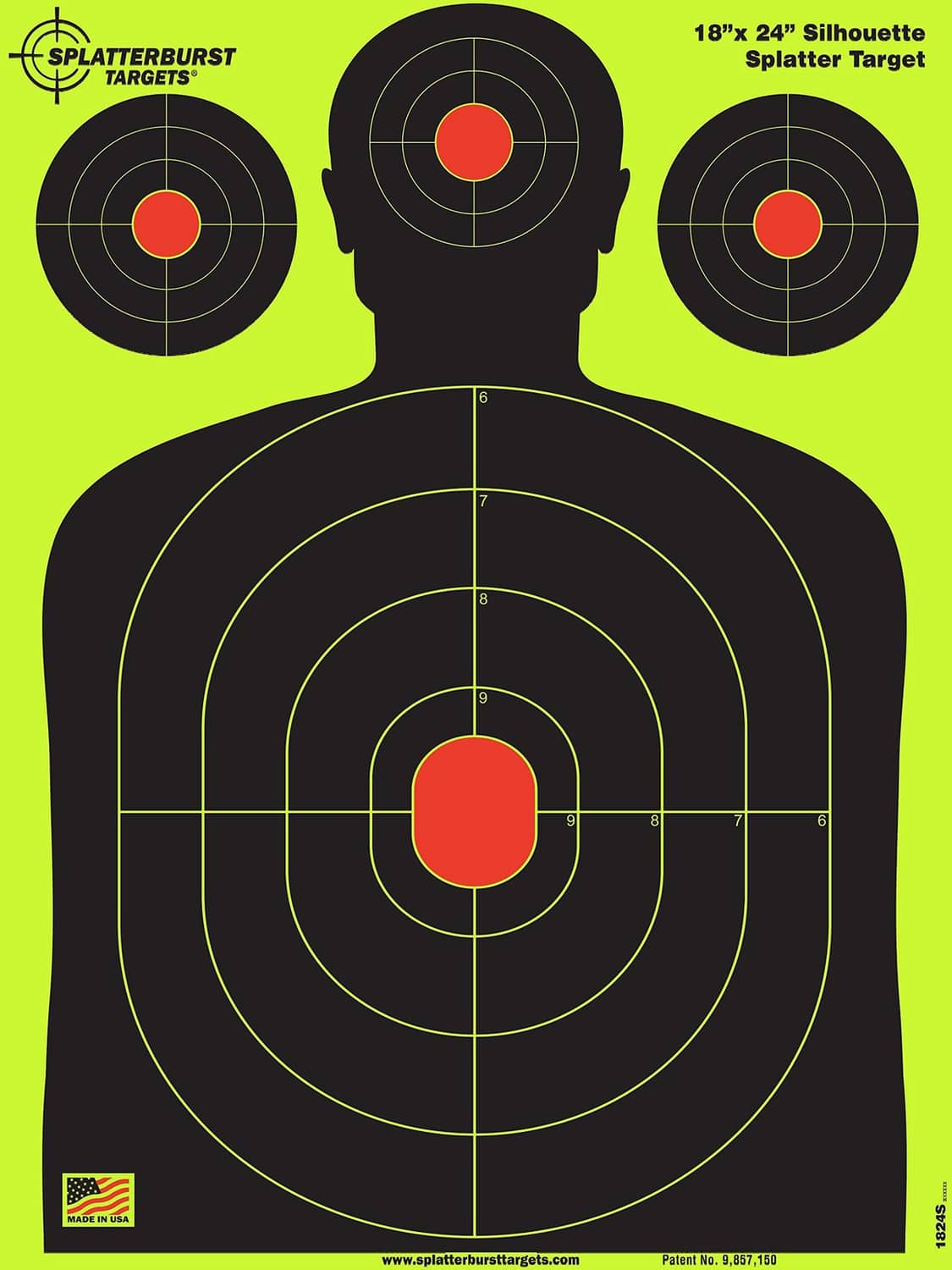 Silhouette splatter target sheet with head outline and concentric rings with red center