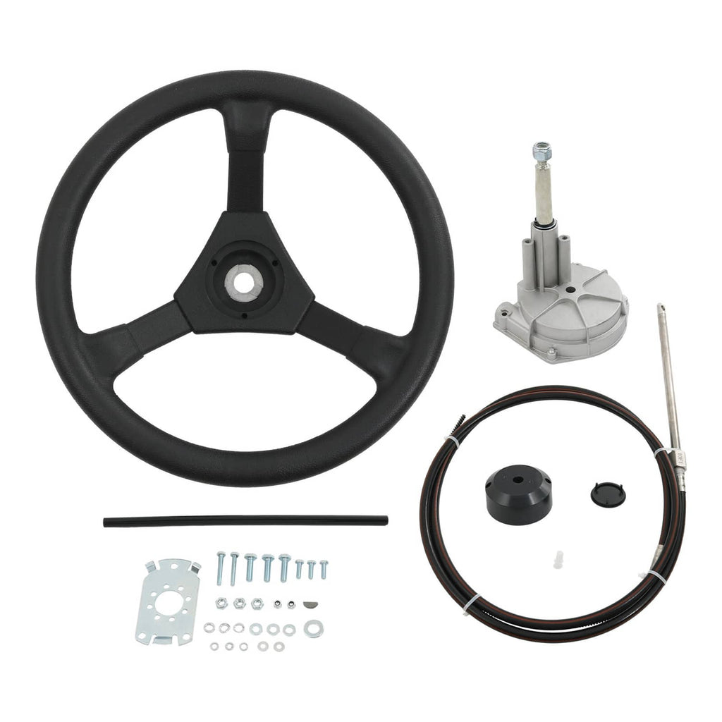 Boat rotary steering wheel kit with helm, steering cable, and mounting hardware set