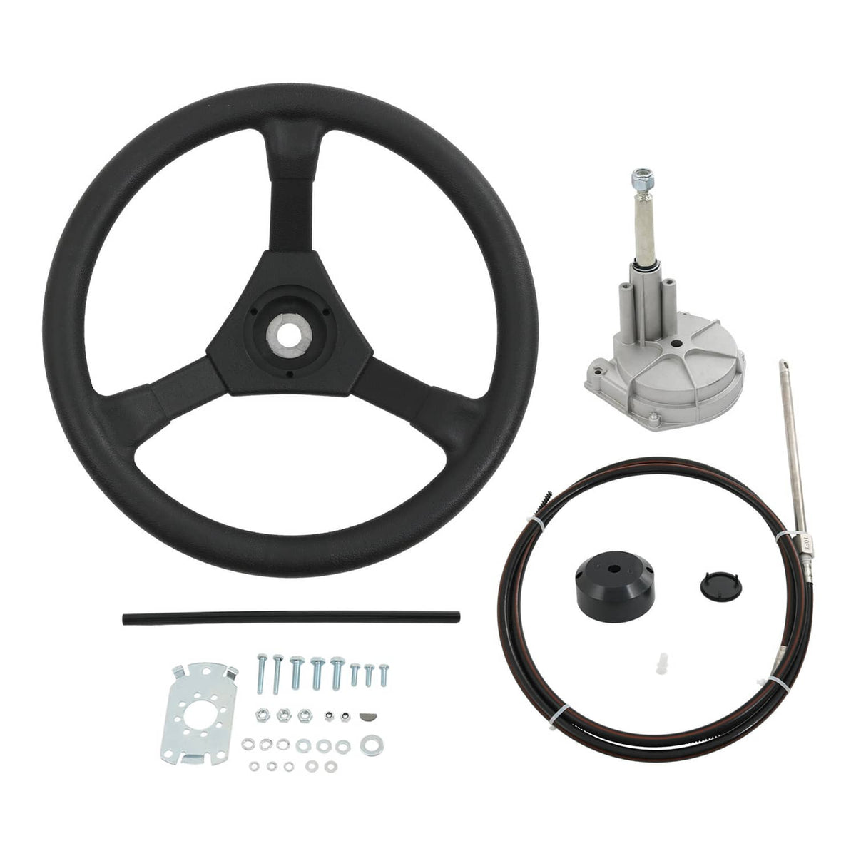 Boat rotary steering wheel kit with helm, steering cable, and mounting hardware set