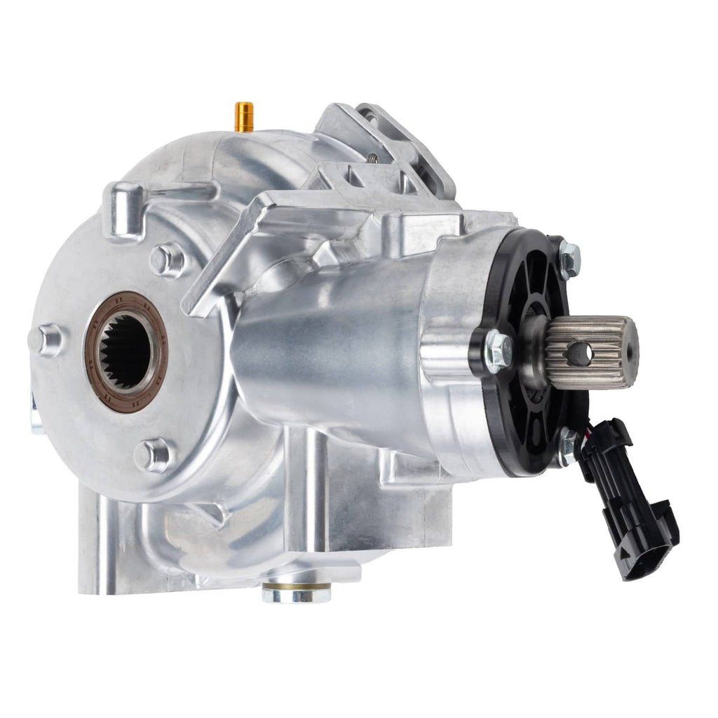 Front differential assembly with silver housing and protruding shaft with gear and black plug
