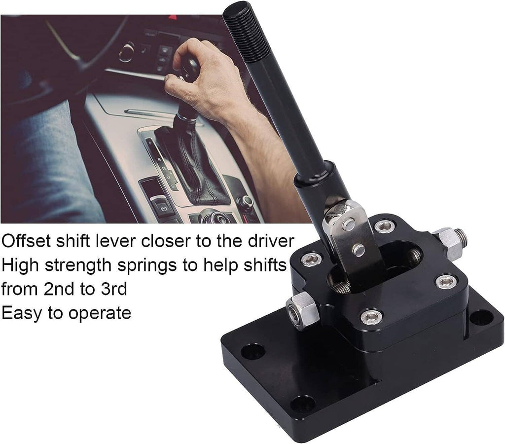 Offset black billet short throw shifter with threaded lever and multi-bolt base
