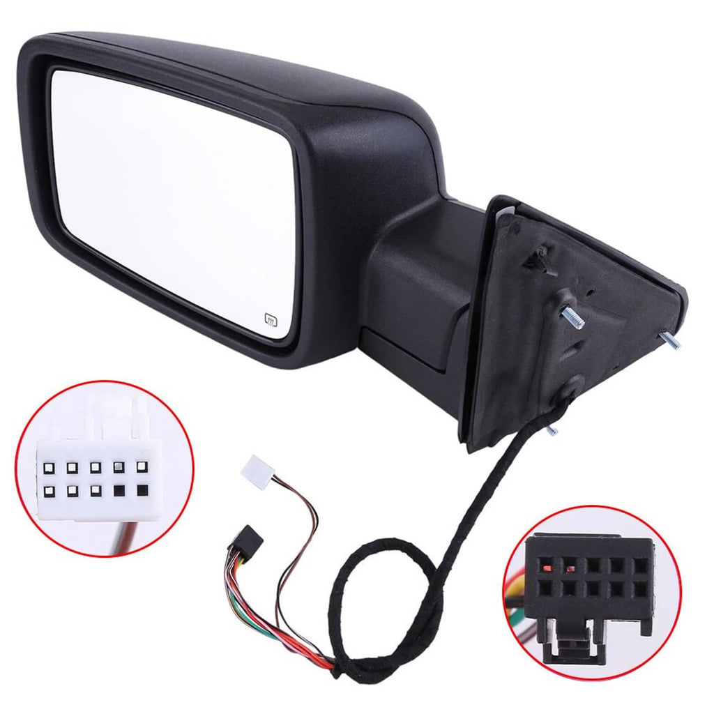 Black side mirror assembly with wiring harness and connector plugs