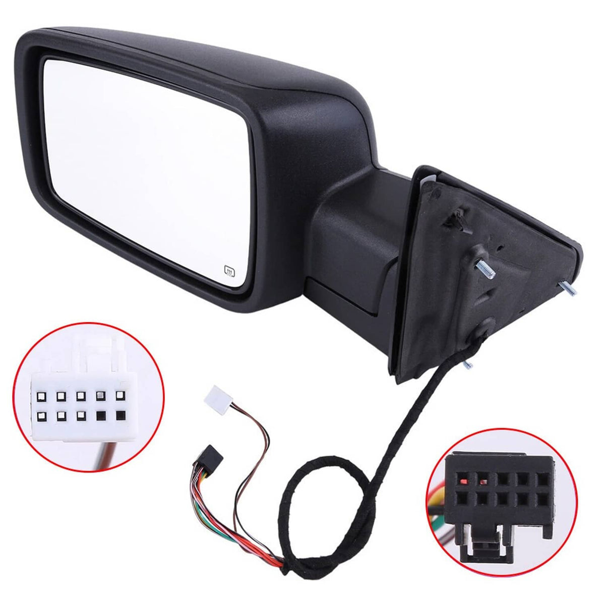 Black side mirror assembly with wiring harness and connector plugs