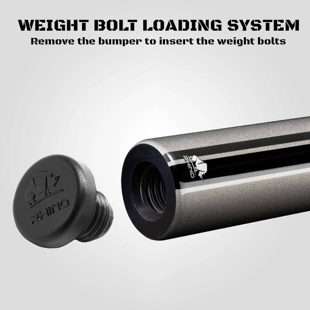 Pool cue butt end with threaded weight-bolt loading system insert and black cap.