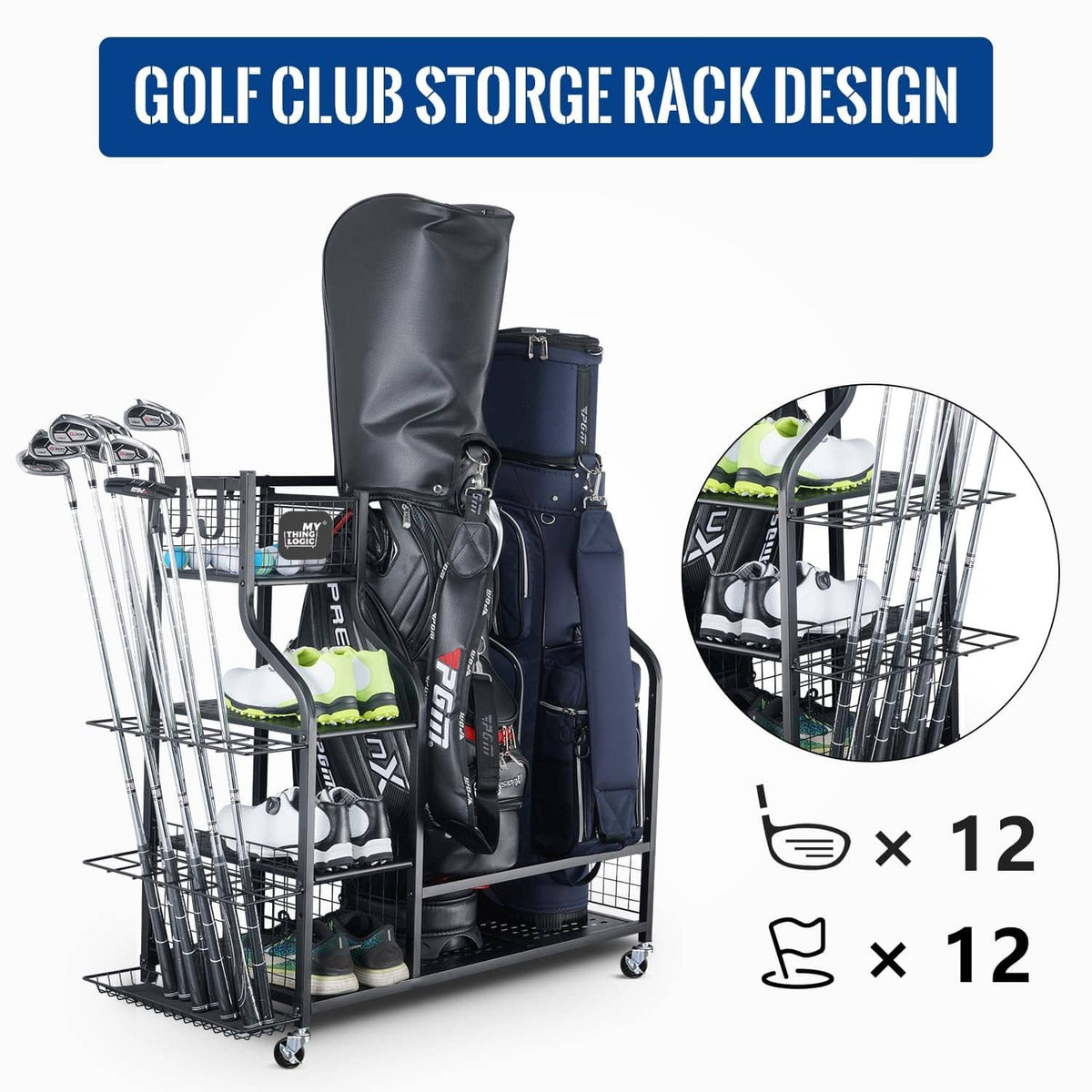 Golf club storage rack with two golf bags, hanging hooks, and caster wheels.
