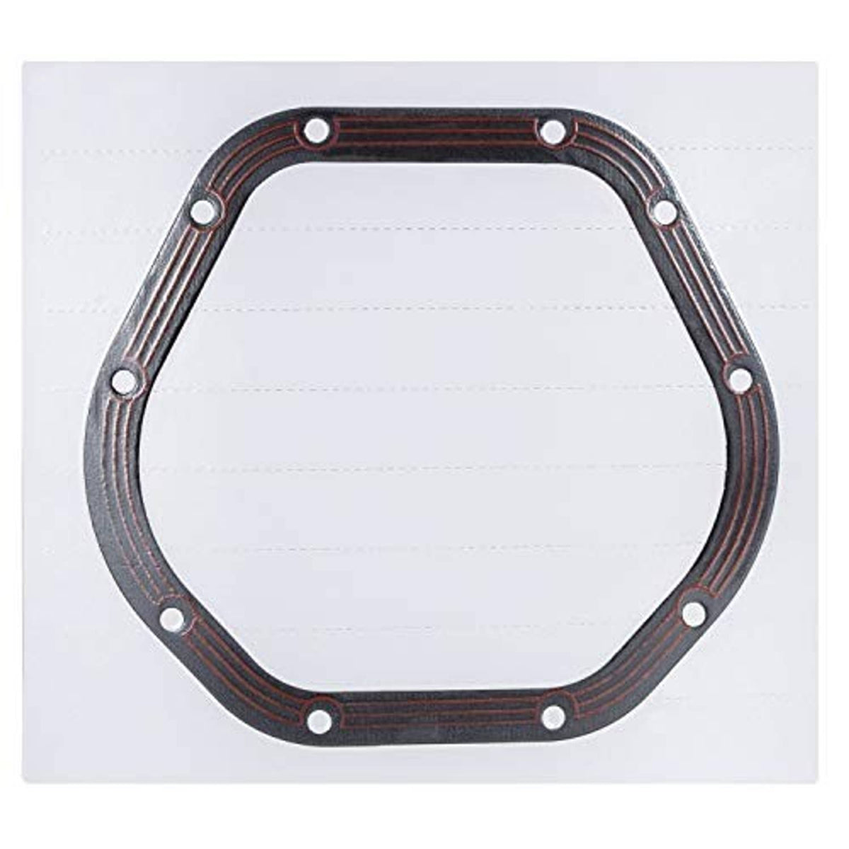 Dana 44 differential cover gasket on backing card, dark ring with red stripes