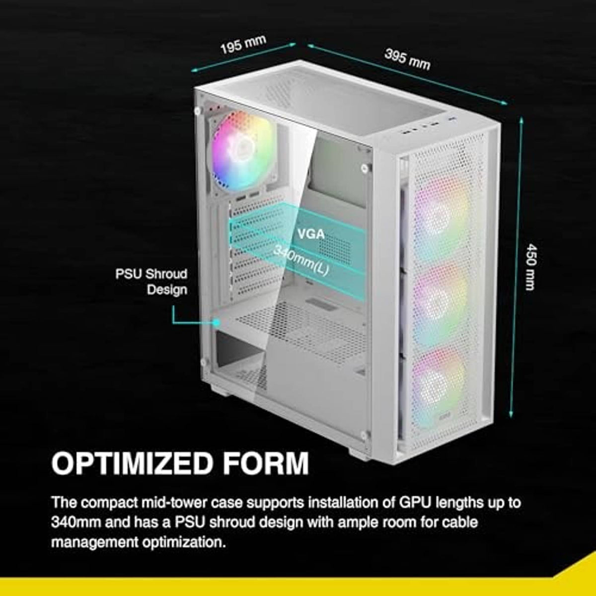 White mid-tower PC case with side tempered glass showing RGB fans and PSU shroud