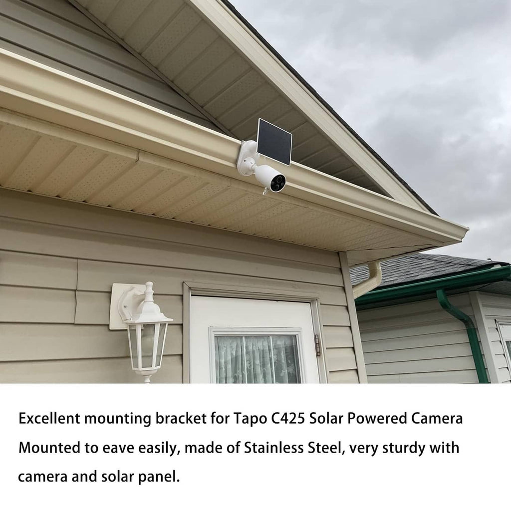Stainless steel gutter mount bracket on house eave with camera attached