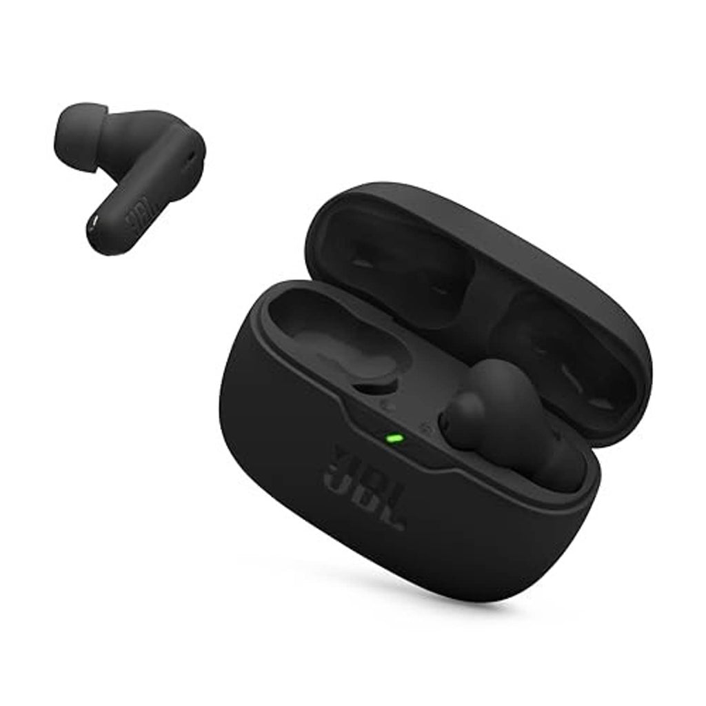 Black JBL true wireless earbuds with charging case, front view