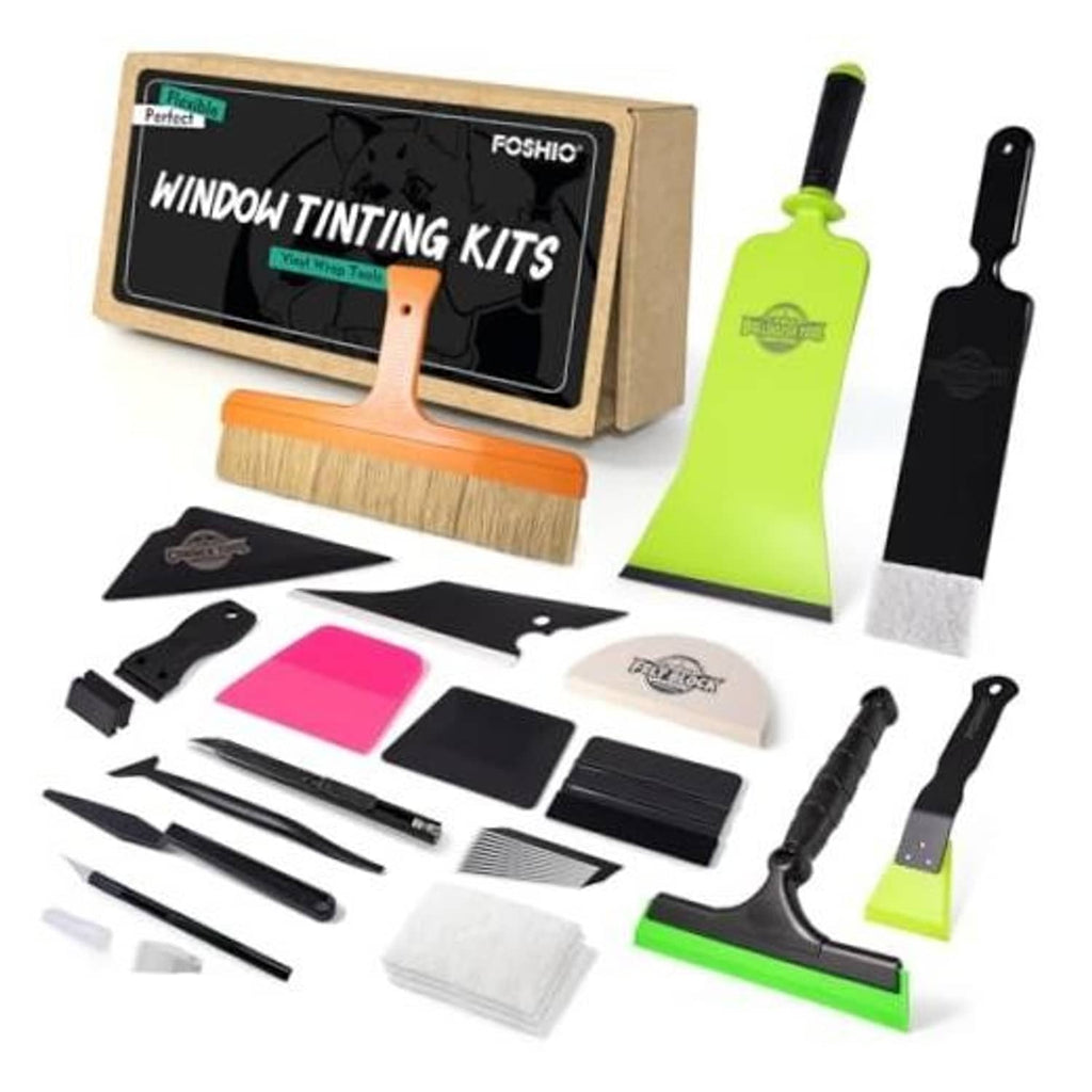 Window tinting tool kit with squeegees, brushes, scrapers, and cleaning pads—assorted set
