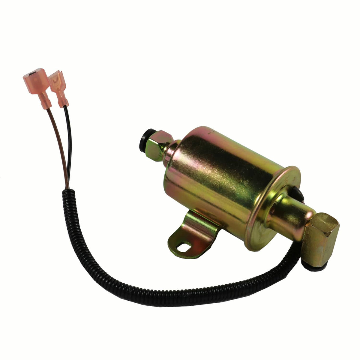 Electric fuel pump with gold metal body, side outlet port, and black cable