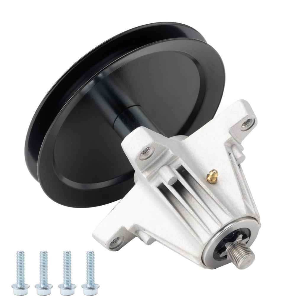 Spindle assembly with black pulley and silver housing, side angle