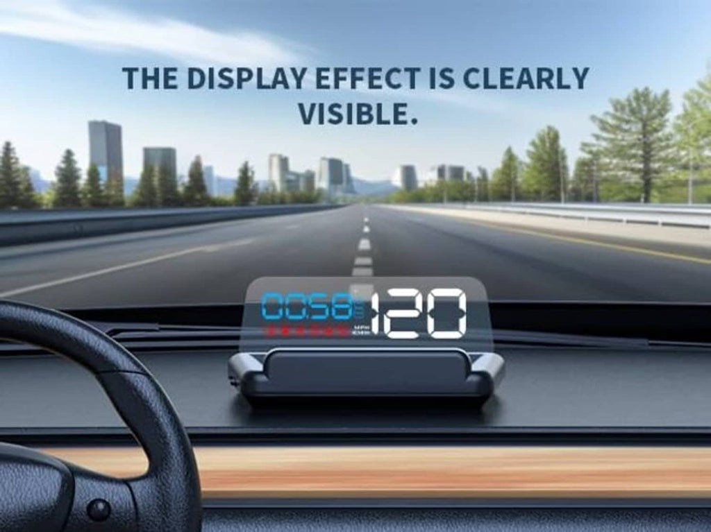 Windshield HUD projector projecting blue speed and RPM digits ahead