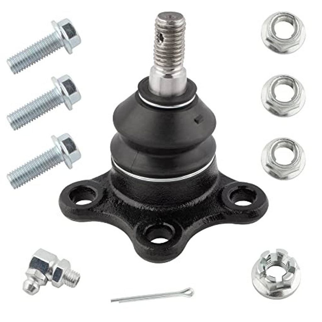 Upper ball joint with black rubber boot and four-bolt flange plate, with nuts and bolts