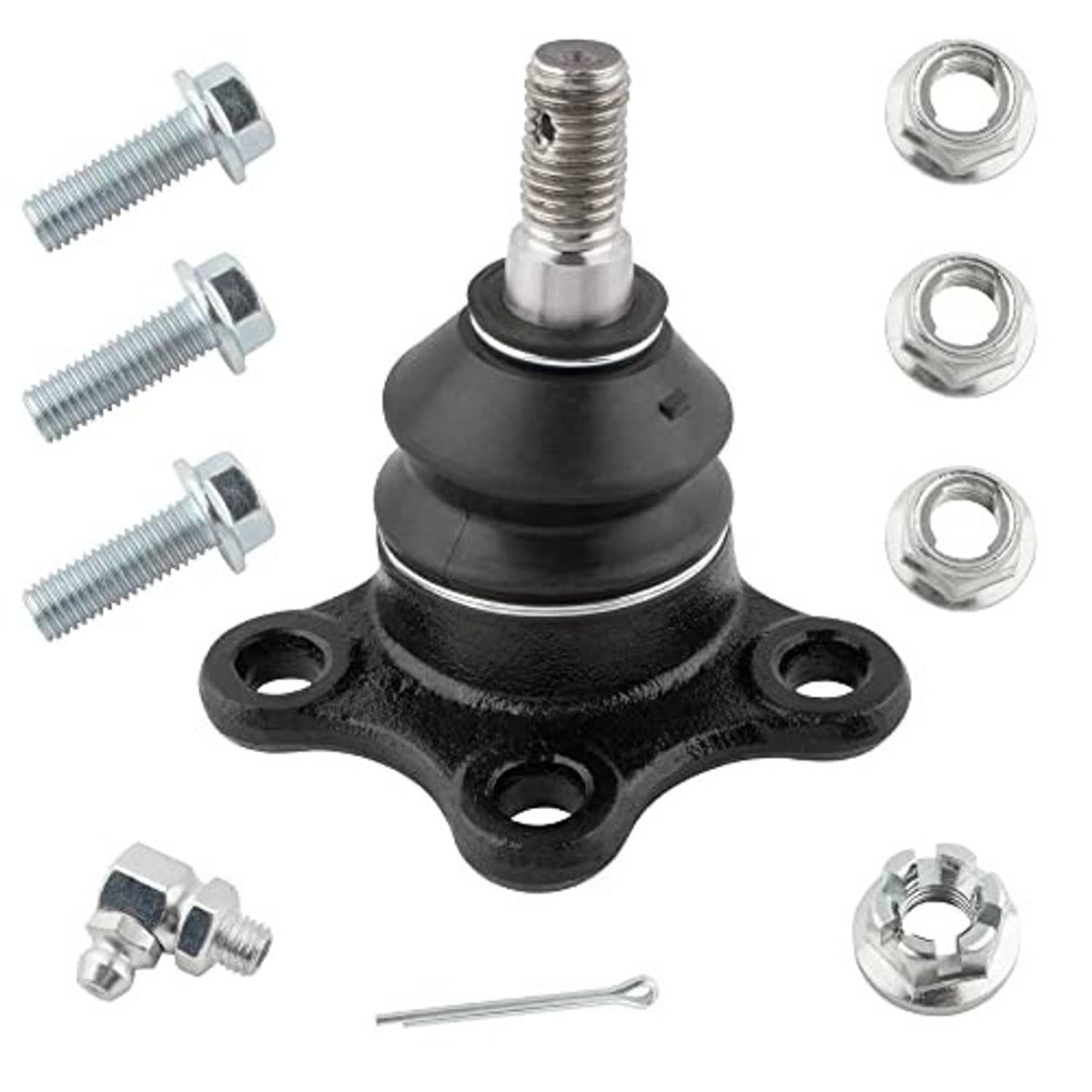 Upper ball joint with black rubber boot and four-bolt flange plate, with nuts and bolts