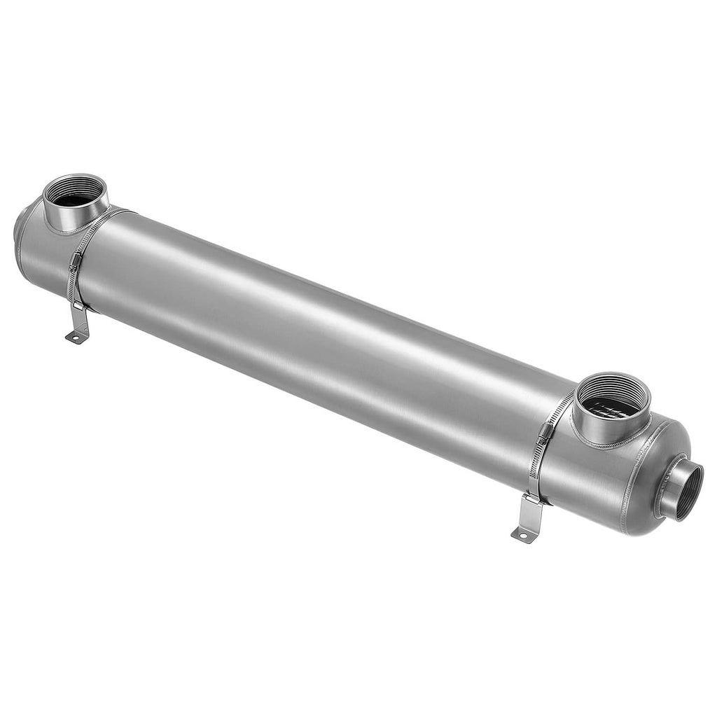 Stainless steel shell-and-tube heat exchanger with mounting brackets and end connection ports