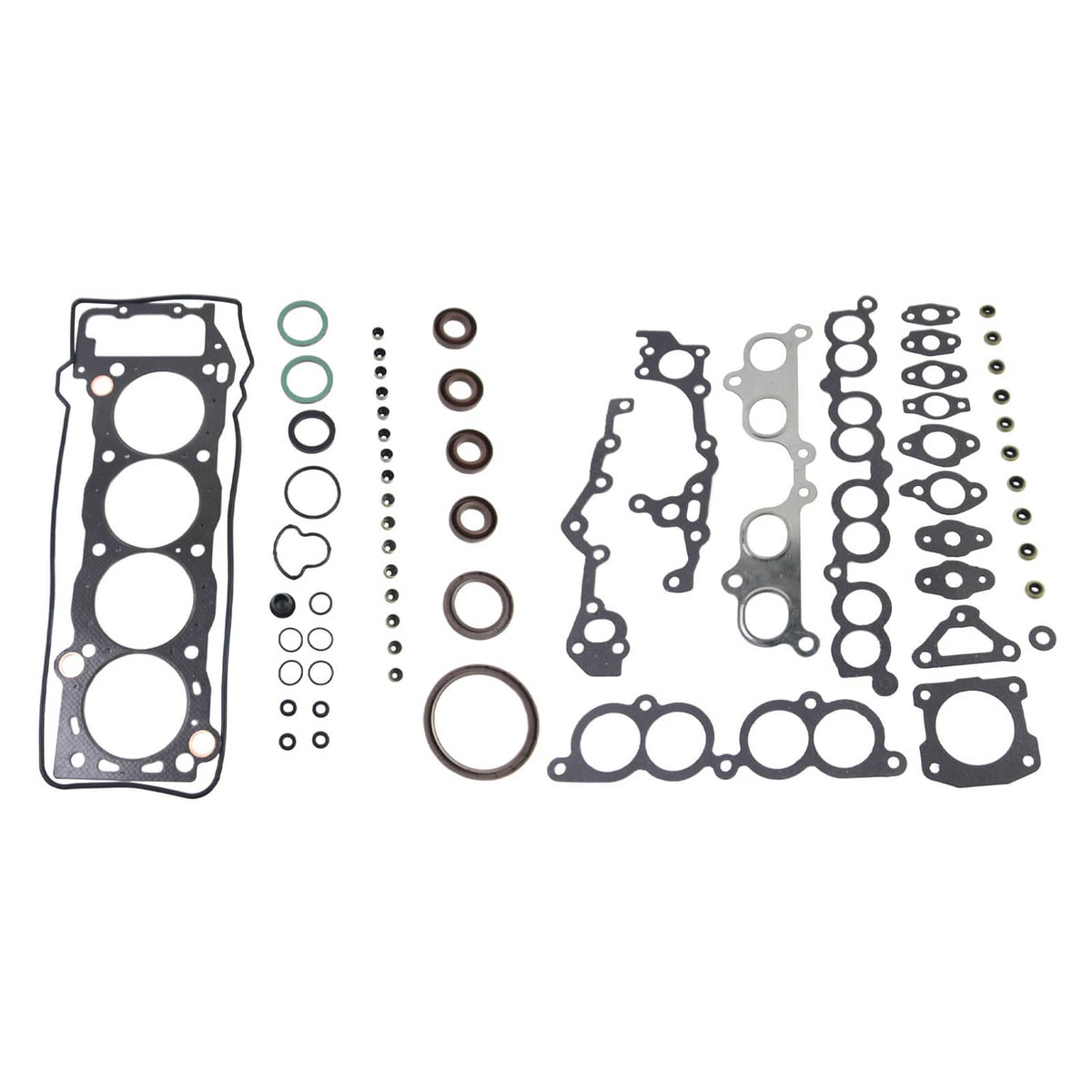 Engine head gasket set with bolts: gaskets, rings, and small hardware arranged in groups.