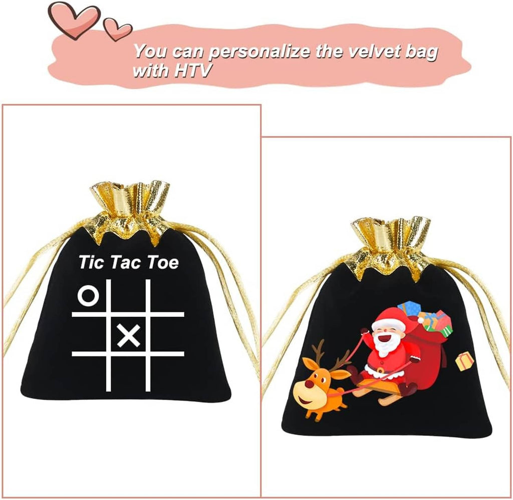 Black velvet drawstring pouch with gold cord, personalized design examples on front