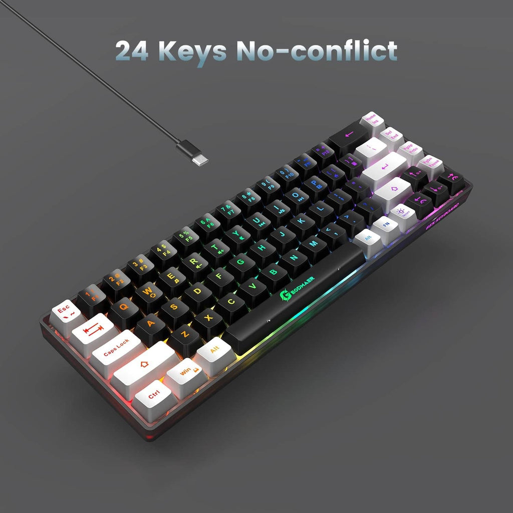 Wired gaming keyboard with rainbow RGB keycaps and connected USB cable.