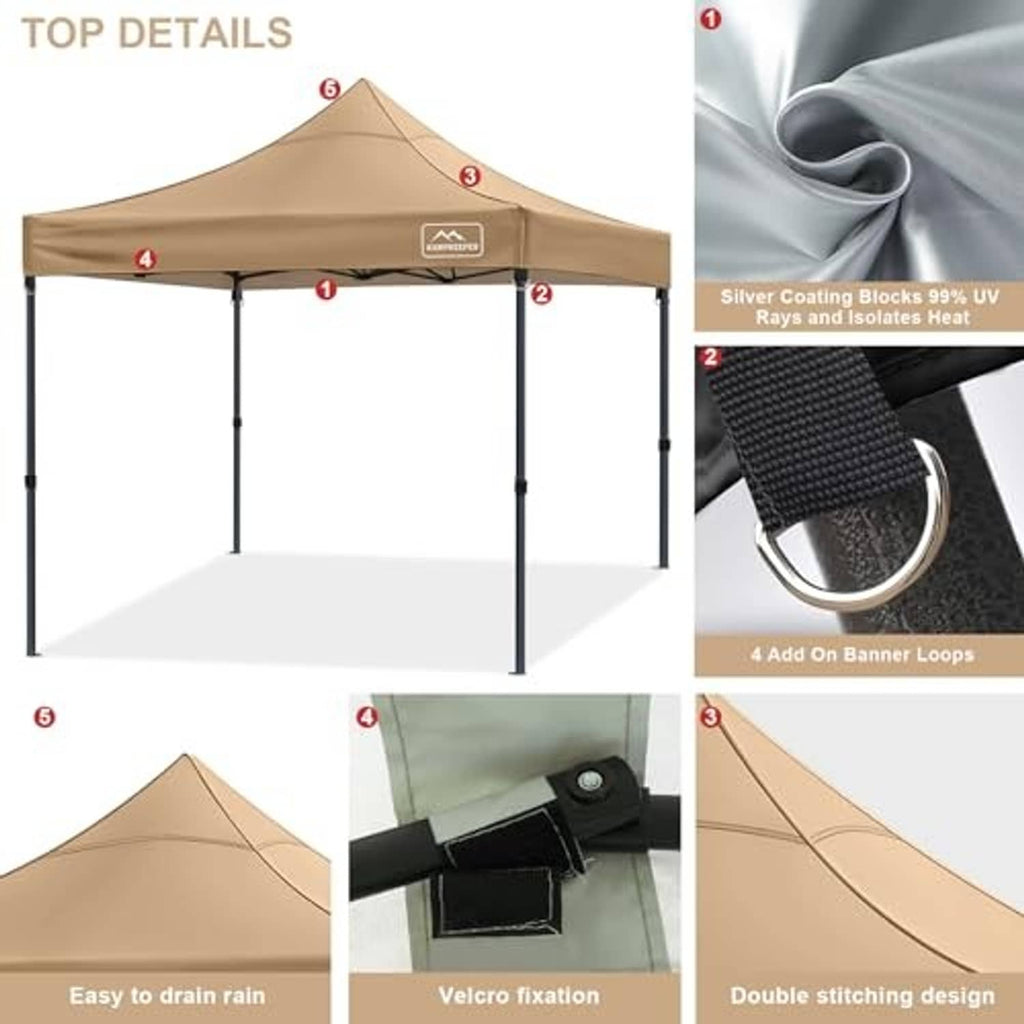 Khaki canopy top cover with banner loops, double stitching, UV silver coating blocks diagram
