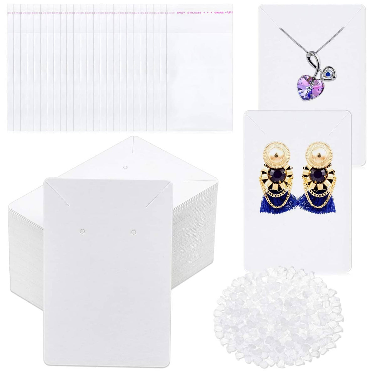 White earring display cards, stud backs, and small self-seal bags in a kit