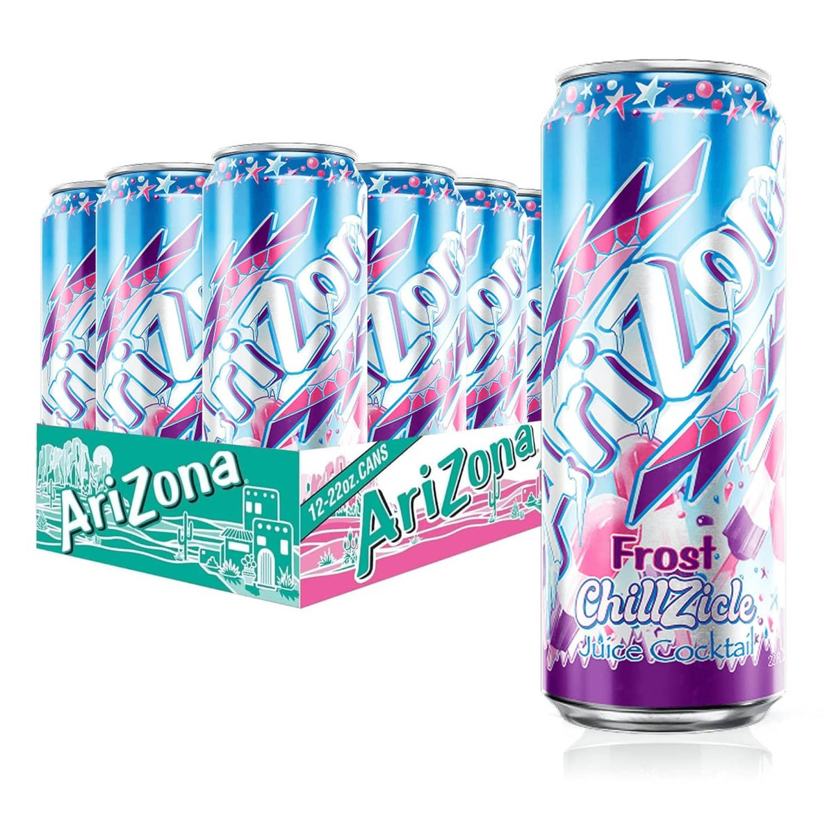 AriZona Frost Chillzicle 12-pack of blue juice cans in cardboard carrier
