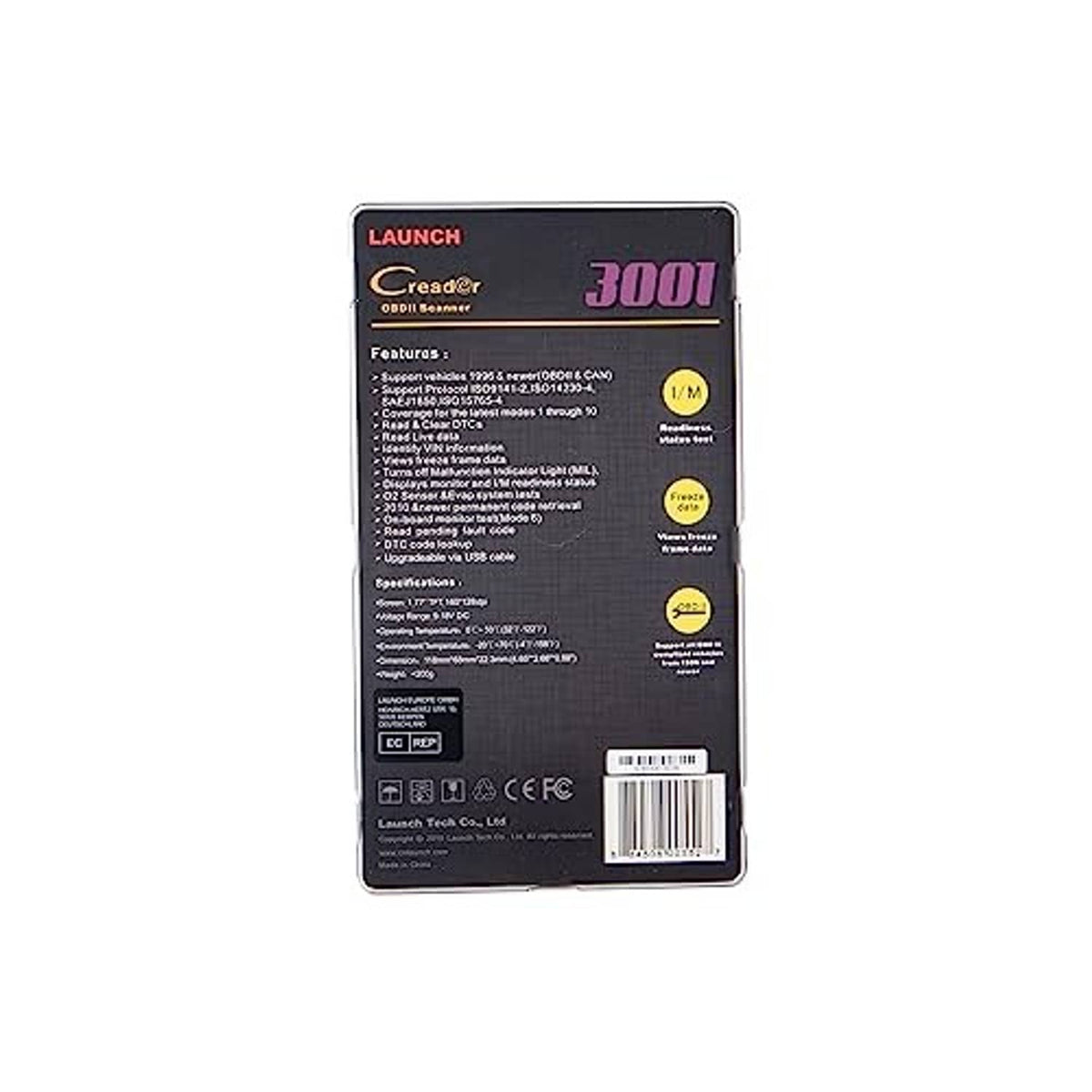Launch Creader 3001 OBD2 scanner back label on product packaging