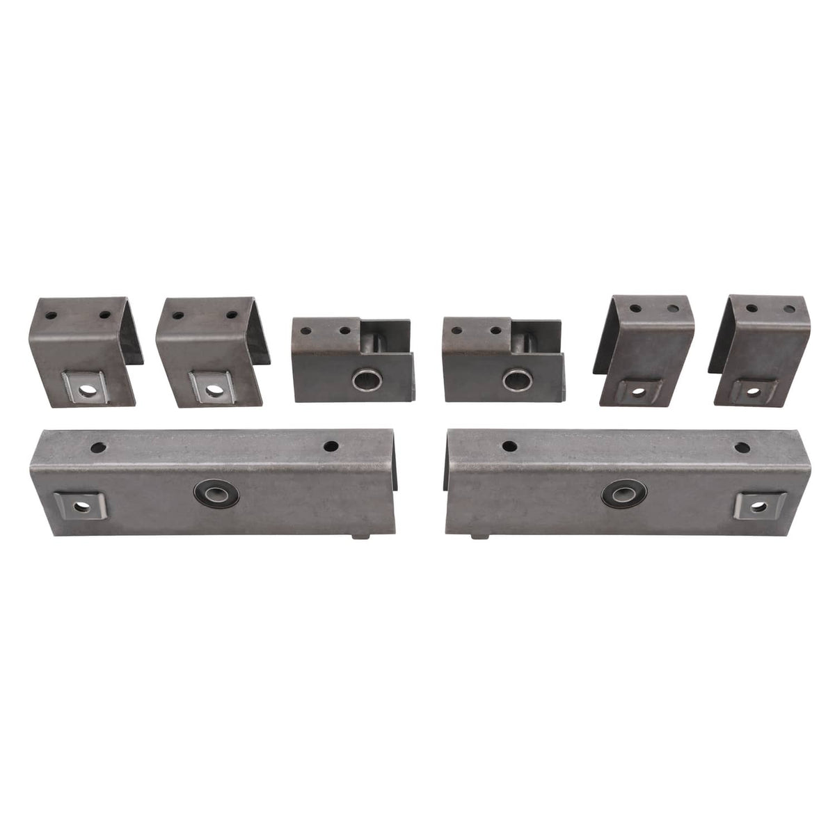 Steel trailer slipper spring hanger kit parts: two long beams and small mounting brackets