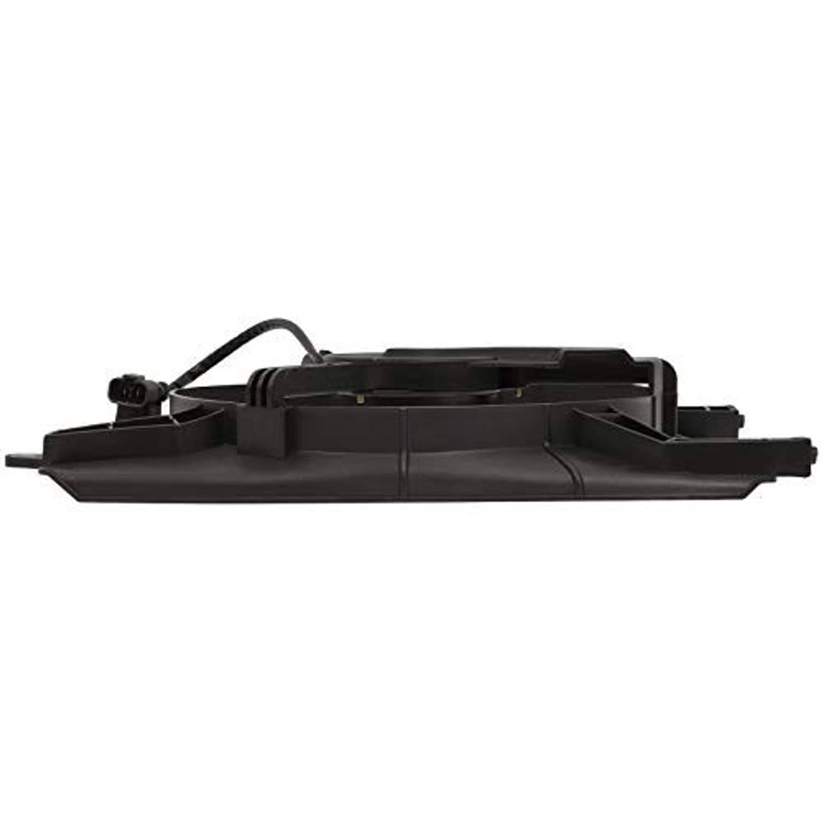 Black radiator cooling fan housing, side profile with mounting tabs