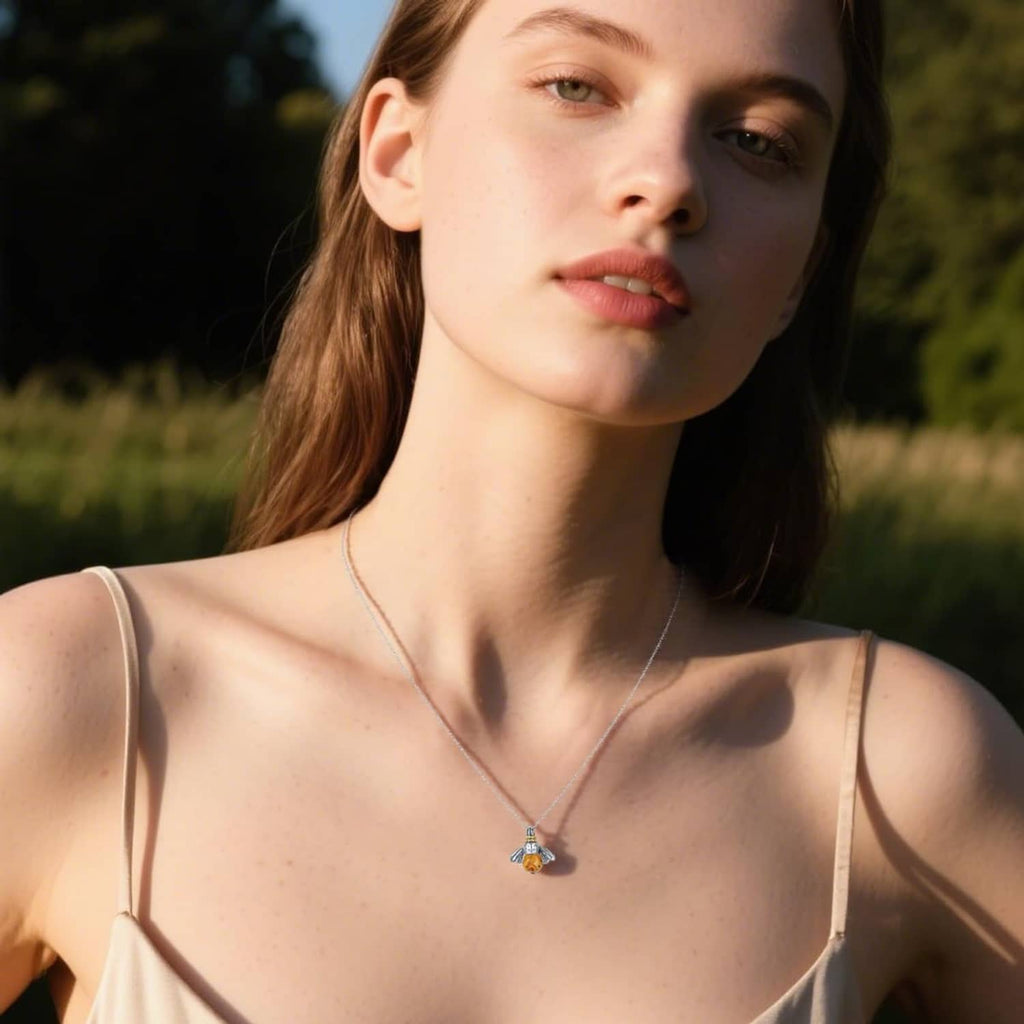 Sterling silver bee choker necklace with amber crystal bee pendant on thin chain