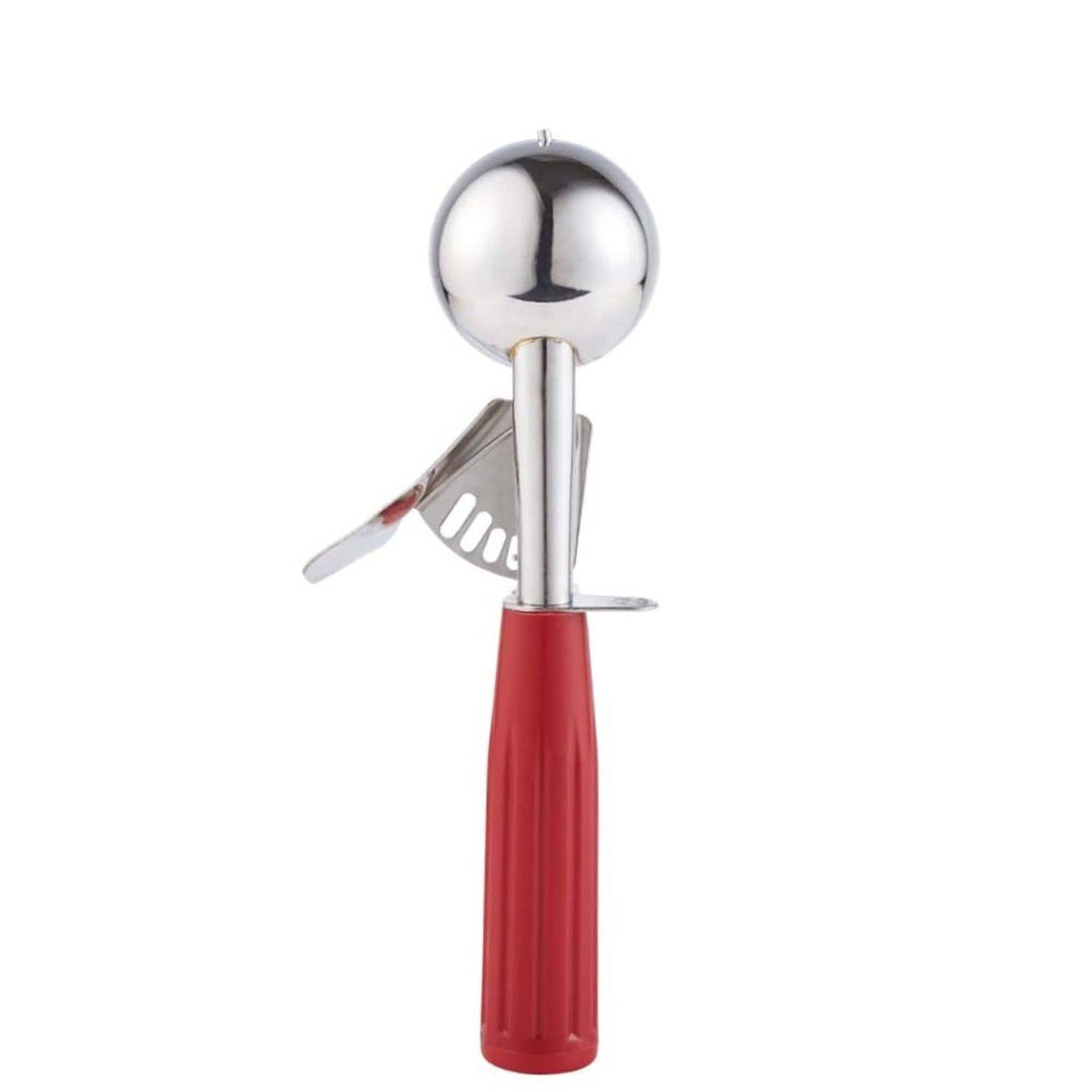 Red cookie disher scoop with stainless steel bowl and trigger lever